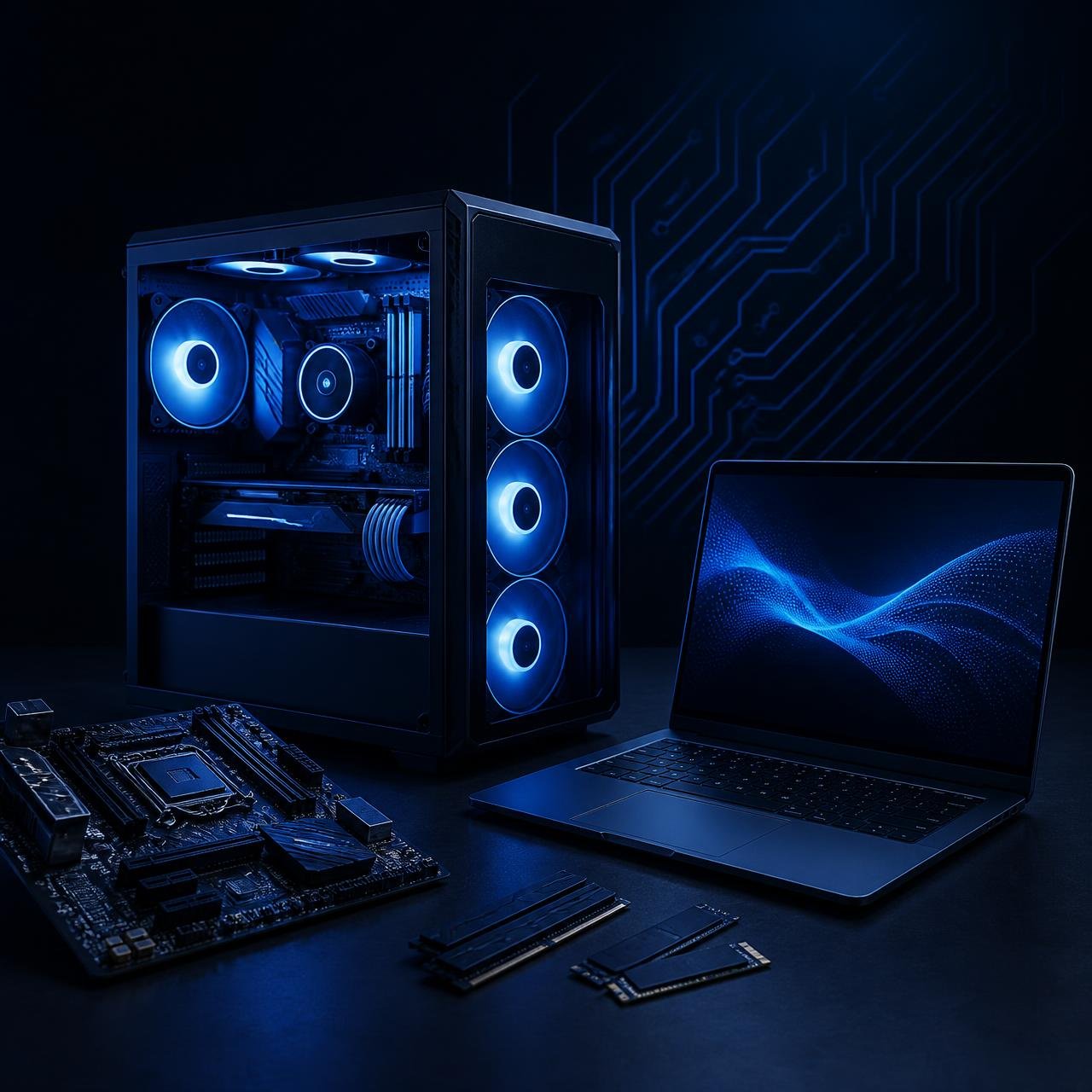 Computador desktop, notebook, placa-mãe e componentes com iluminação azul em bancada de assistência técnica